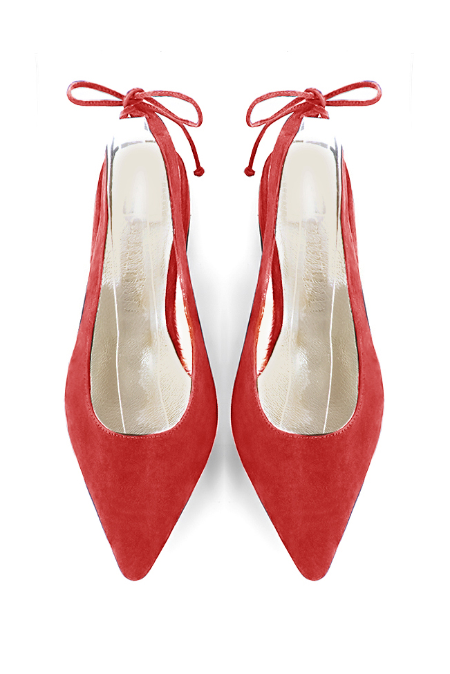 Women's scarlet red elegant slingback heels. Pointed toe. Flat flare heels - Top view